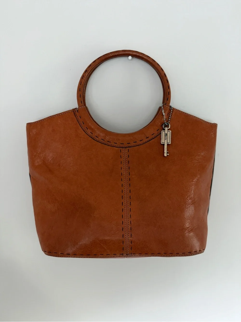 Vintage Fossil Brown Leather Circle-Handle Shoulder Bag